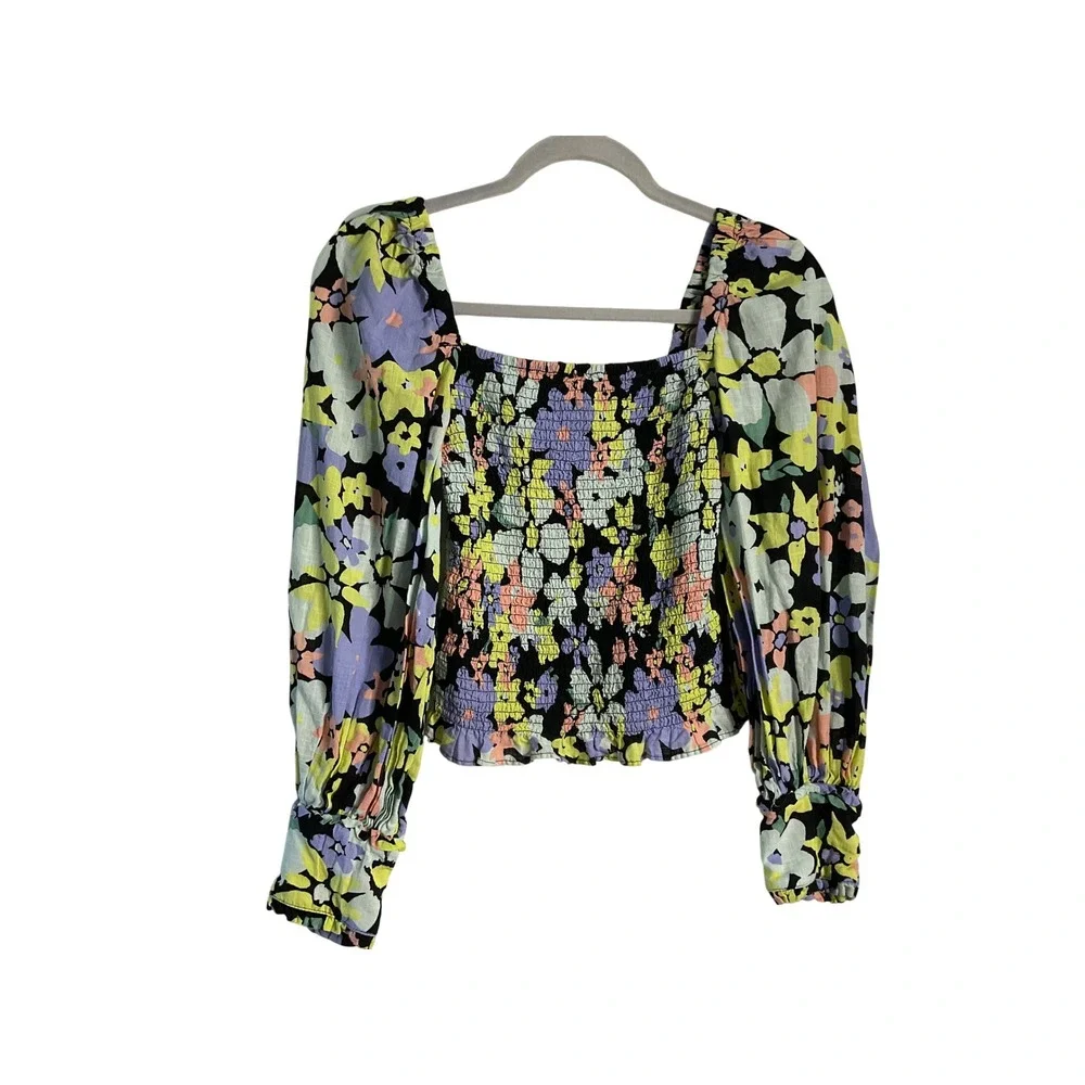 Free People Ariana Printed Top Smocked Floral Puff Sleeve Square Neck XS